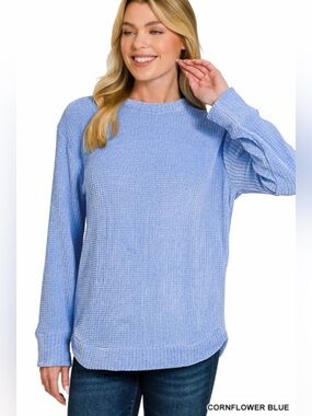 Zenana Cornflower Blue Chenille Waffle-Knit Lightweight Sweater